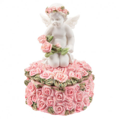Cette boite avec un ange a la forme d'un coeur et elle est décorée de roses